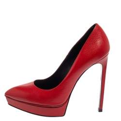 Pre Owned Saint Laurent Red Leather Janis Pointed Toe Platform Pumps Size 39
