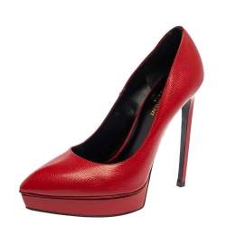 Pre Owned Saint Laurent Red Leather Janis Pointed Toe Platform Pumps Size 39