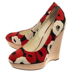 مملوكة مسبقًا حذاء كعب عالي سان لوران كعب روكي نعل سميك كانفاس مطبوع أبيض و أحمر مقاس 38