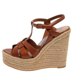 مملوكة مسبقًا Saint Laurent Brown Leather Tribute Espadrille Wedge Sandals Size 38