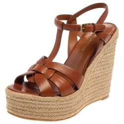 مملوكة مسبقًا Saint Laurent Brown Leather Tribute Espadrille Wedge Sandals Size 38