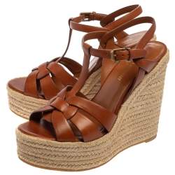 مملوكة مسبقًا Saint Laurent Brown Leather Tribute Espadrille Wedge Sandals Size 38