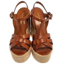 مملوكة مسبقًا Saint Laurent Brown Leather Tribute Espadrille Wedge Sandals Size 38