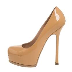 Saint Laurent Beige Patent Leather Tribtoo Platform Pumps Size 36.5