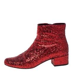 مملوكة مسبقًا Saint Laurent Red Glitter Caleb Zippered Ankle Boots Size 37.5