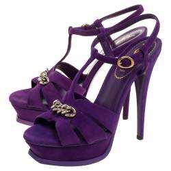مملوكة مسبقًا Saint Laurent Purple Suede Tribute Chain Detail Platform Sandals Size 37