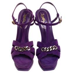 مملوكة مسبقًا Saint Laurent Purple Suede Tribute Chain Detail Platform Sandals Size 37