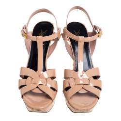 Pre Owned Saint Laurent Beige Patent Leather Tribute Platform Ankle Strap Sandals Size 40
