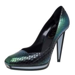 Pre Owned حذاء كعب عالي سان لوران أرمور جلد ثعبان أخضر مقاس 39.5