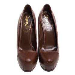Pre Owned حذاء كعب عالي سان لوران باريس تريبتو جلد بني مقاس 38.5