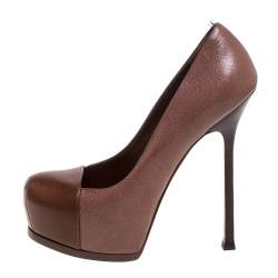 Pre Owned حذاء كعب عالي سان لوران باريس تريبتو جلد بني مقاس 38.5