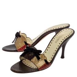 Saint Laurent Multicolor Snakeskin Bow Slide Sandals Size 36