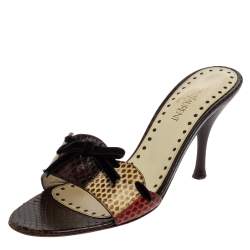 Saint Laurent Multicolor Snakeskin Bow Slide Sandals Size 36