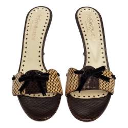 Saint Laurent Multicolor Snakeskin Bow Slide Sandals Size 36
