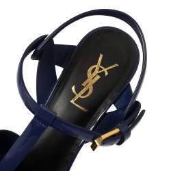 Saint Laurent Paris Blue Patent Leather Tribute Platform Sandals Size 37