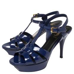 Saint Laurent Paris Blue Patent Leather Tribute Platform Sandals Size 37