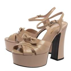 Pre Owned Saint Laurent Beige Leather Candy Bow Platform Sandals Size 37