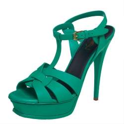 مملوكة مسبقًا صندل سان لوران تريبوت جلد أخضر مقاس 39.5