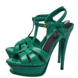 Pre Owned Saint Laurent Green Python Leather Tribute Sandals Size 38