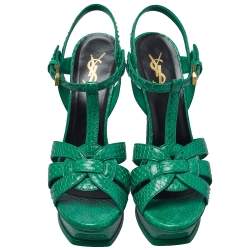 Pre Owned Saint Laurent Green Python Leather Tribute Sandals Size 38