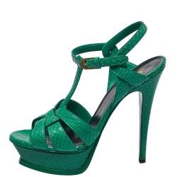 Pre Owned Saint Laurent Green Python Leather Tribute Sandals Size 38