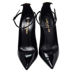 Pre Owned Saint Laurent Black Patent Leather Ankle Strap Pumps Size 35