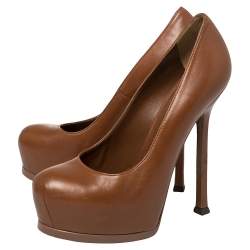 Pre Owned Saint Laurent Brown Leather Tribtoo Platform Pumps Size 36