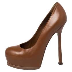 Pre Owned Saint Laurent Brown Leather Tribtoo Platform Pumps Size 36