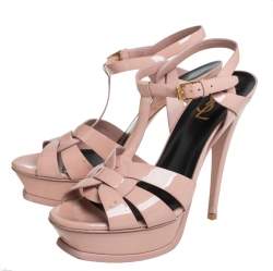 Pre Owned Saint Laurent Pink Patent Leather Tribute Platform Sandals Size 38.5
