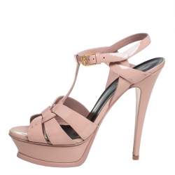 Pre Owned Saint Laurent Pink Patent Leather Tribute Platform Sandals Size 38.5