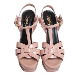 Pre Owned Saint Laurent Pink Patent Leather Tribute Platform Sandals Size 38.5