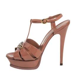 Pre Owned Saint Laurent Brown Patent Leather Chain Tribute Sandals Size 37.5