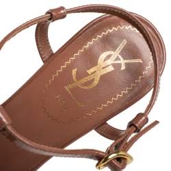 Pre Owned Saint Laurent Brown Patent Leather Chain Tribute Sandals Size 37.5