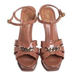 Pre Owned Saint Laurent Brown Patent Leather Chain Tribute Sandals Size 37.5