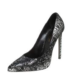 Pre Owned Saint Laurent Black/Silver Suede Foil Print Pumps Size 39