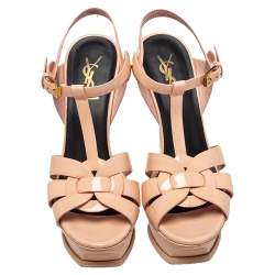 مملوكة مسبقًا صندل سان لوران تريبوت جلد لامع وردي مقاس 37