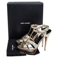 مملوكة مسبقًا Saint Laurent Metallic Gold Leather Tribute Platform Ankle Strap Sandals Size 39.5