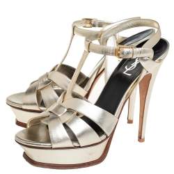 مملوكة مسبقًا Saint Laurent Metallic Gold Leather Tribute Platform Ankle Strap Sandals Size 39.5