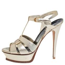 مملوكة مسبقًا Saint Laurent Metallic Gold Leather Tribute Platform Ankle Strap Sandals Size 39.5