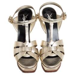 مملوكة مسبقًا Saint Laurent Metallic Gold Leather Tribute Platform Ankle Strap Sandals Size 39.5