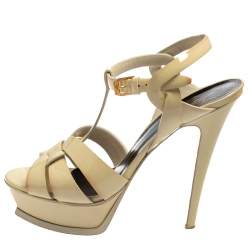 Pre Owned Saint Laurent Cream Patent Leather Tribute Platform Sandals Size 39