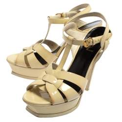 Pre Owned Saint Laurent Cream Patent Leather Tribute Platform Sandals Size 39