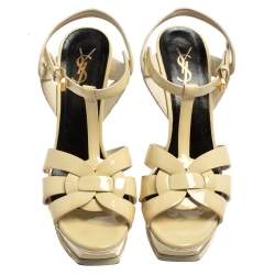 Pre Owned Saint Laurent Cream Patent Leather Tribute Platform Sandals Size 39