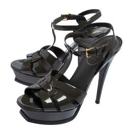 Saint Laurent Dark Grey Patent Leather Tribute Platform Ankle Strap Sandals Size 39.5