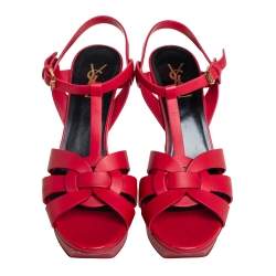 Pre Owned Saint Laurent Red Leather Tribute Sandals Size 40
