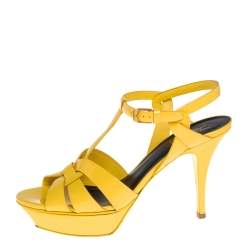 Pre Owned Saint Laurent Yellow Patent Leather Tribute Sandals Size 40