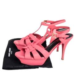 Pre Owned Saint Laurent Pink Leather Tribute Ankle Strap Sandals Size 39.5