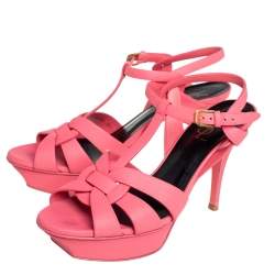 Pre Owned Saint Laurent Pink Leather Tribute Ankle Strap Sandals Size 39.5