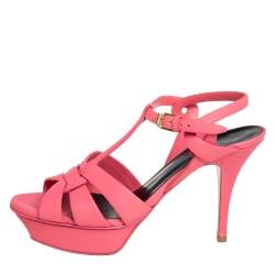 Pre Owned Saint Laurent Pink Leather Tribute Ankle Strap Sandals Size 39.5