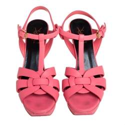 Pre Owned Saint Laurent Pink Leather Tribute Ankle Strap Sandals Size 39.5